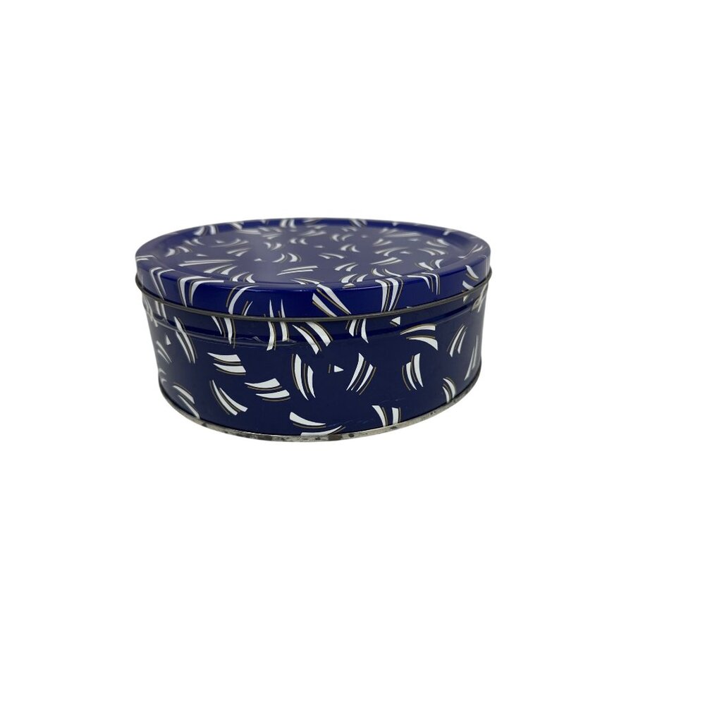 Vintage Danish Blue Decorative Cookie Tin With Geometric Pattern
